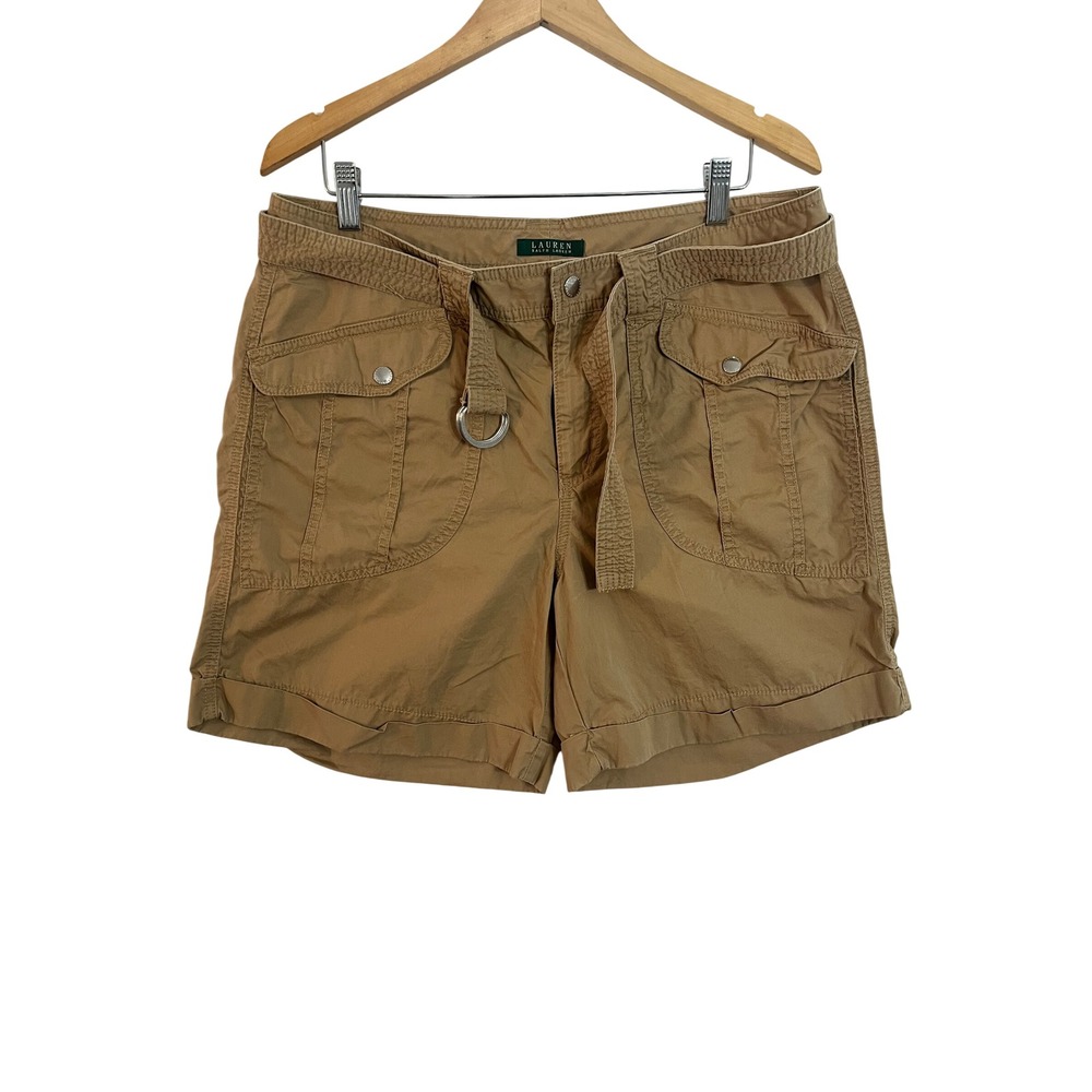 Lauren Ralph Lauren Khaki Cargo Shorts Tan D-Ring Belted Cotton Utility Size 14